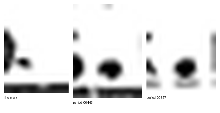 Three enlarged crops. The leftmost, labelled the mark, shows a small faint smear beside a digit. The other two, labelled period 00443 and period 00527, show darker, rounder, larger dots.